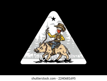 Illustration design of a Man riding a wild boar