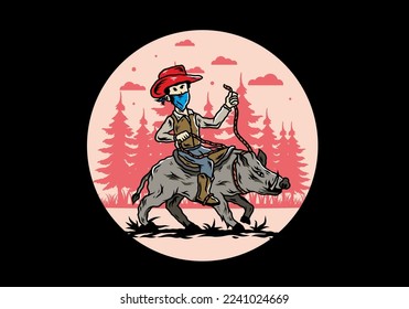 Illustration design of a Man riding a wild boar