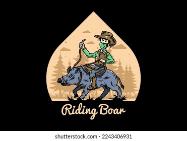 Illustration design of a Man riding a wild boar