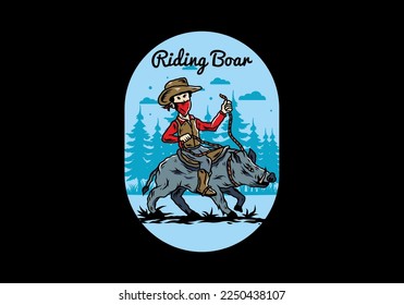 Illustration design of a Man riding a wild boar