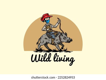Illustration design of a Man riding a wild boar