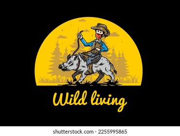 Illustration design of a Man riding a wild boar