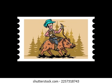 Illustration design of a Man riding a wild boar