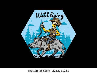 Illustration design of a Man riding a wild boar
