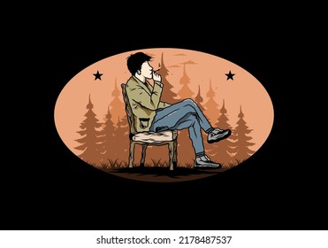 Illustration design of a man sit on chair and smoke cigarettes