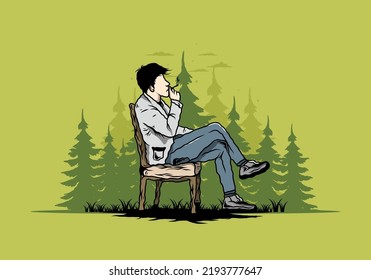 Illustration design of a man sit on chair and smoke cigarettes