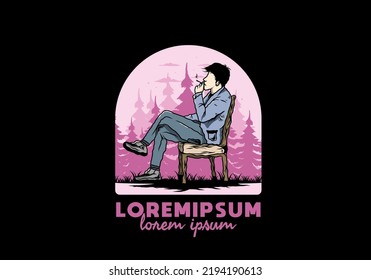 Illustration design of a man sit on chair and smoke cigarettes
