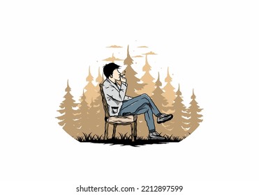 Illustration design of a man sit on chair and smoke cigarettes