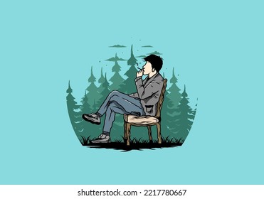 Illustration design of a man sit on chair and smoke cigarettes