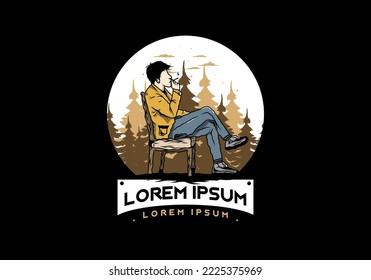 Illustration design of a man sit on chair and smoke cigarettes