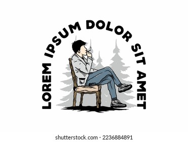 Diseño ilustrativo de un hombre sentado en una silla y fumar cigarrillos