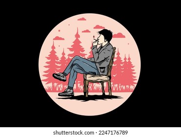 Illustration design of a man sit on chair and smoke cigarettes