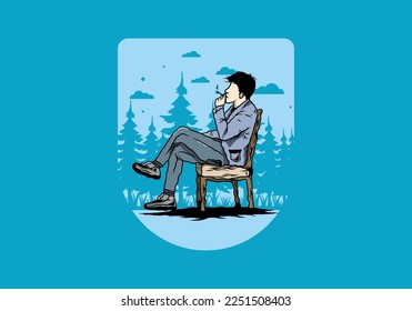 Illustration design of a man sit on chair and smoke cigarettes