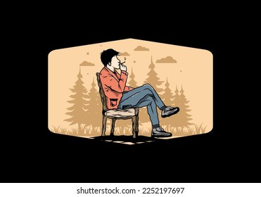 Illustration design of a man sit on chair and smoke cigarettes