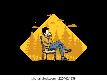 Illustration design of a man sit on chair and smoke cigarettes