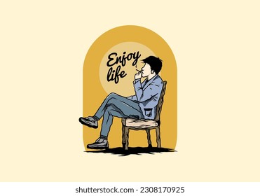 Illustration design of a man sit on chair and smoke cigarettes
