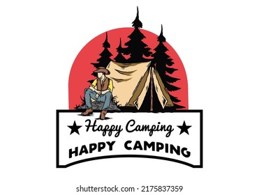 Illustration design of a Man wearing a cowboy hat sitting in front of the tent