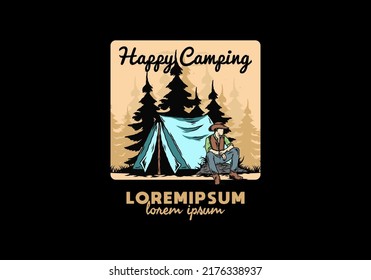 Illustration design of a Man wearing a cowboy hat sitting in front of the tent