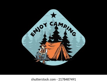 Illustration design of a Man wearing a cowboy hat sitting in front of the tent