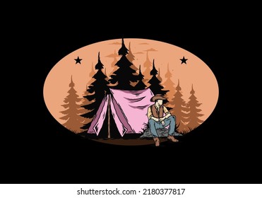 Illustration design of a Man wearing a cowboy hat sitting in front of the tent