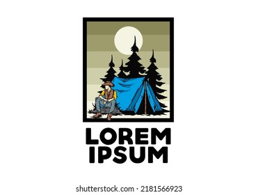 Illustration design of a Man wearing a cowboy hat sitting in front of the tent