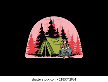 Illustration design of a Man wearing a cowboy hat sitting in front of the tent