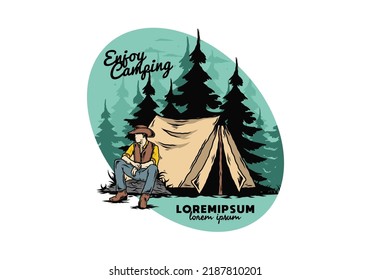 Illustration design of a Man wearing a cowboy hat sitting in front of the tent