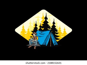 Illustration design of a Man wearing a cowboy hat sitting in front of the tent