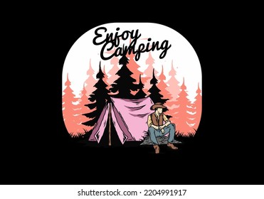 Illustration design of a Man wearing a cowboy hat sitting in front of the tent