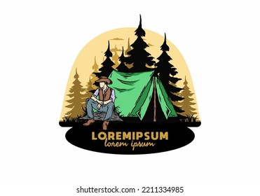 Illustration design of a Man wearing a cowboy hat sitting in front of the tent