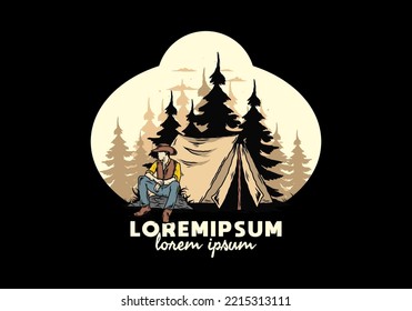 Illustration design of a Man wearing a cowboy hat sitting in front of the tent