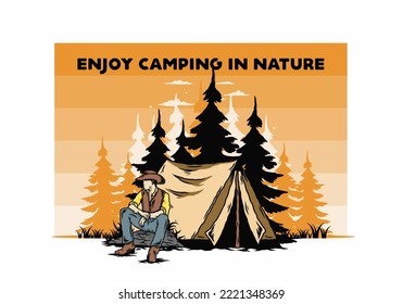 Illustration design of a Man wearing a cowboy hat sitting in front of the tent