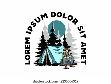 Illustration design of a Man wearing a cowboy hat sitting in front of the tent