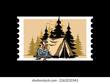 Illustration design of a Man wearing a cowboy hat sitting in front of the tent