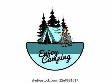 Illustration design of a Man wearing a cowboy hat sitting in front of the tent