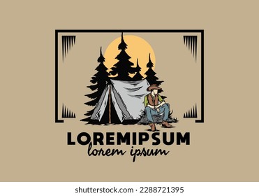 Illustration design of a Man wearing a cowboy hat sitting in front of the tent