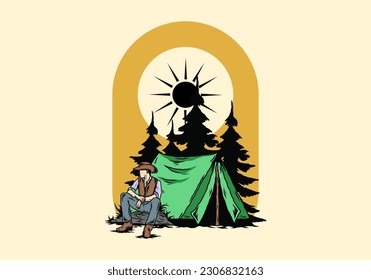 Illustration design of a Man wearing a cowboy hat sitting in front of the tent