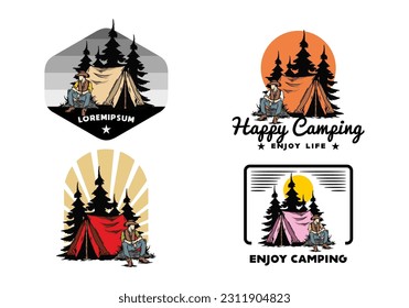 Illustration design of a Man wearing a cowboy hat sitting in front of the tent