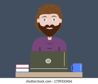 Illustration design of a man working at home sitting and doing freelance work with his laptop. Working on a computer. Freelance, online education or social media concept. Vector illustration.