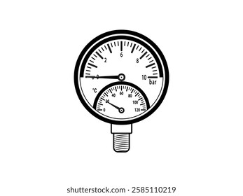 Illustration design of manometer with pressure indicator needle, pressure gauge, tool for measuring pressure of liquid, gas or vacuum, realistic vector in black and white style