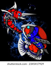 illustration design of a marlin shark fight and a robot body arowana