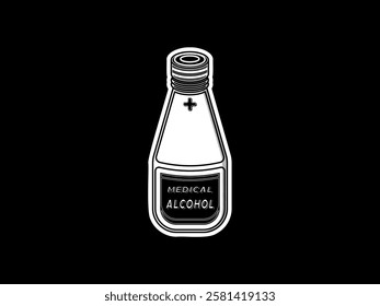 Illustration design of medical alcohol bottle icon, for first aid, medical and pharmaceutical needs, realistic flat icon vector in black and white style and isolated black background