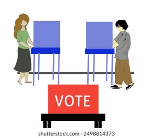 Illustration design Men and women behind their respective voting booths to cast their votes.