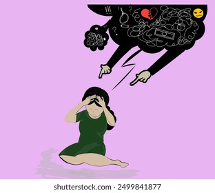 Illustration design of a mentally distressed woman sitting on her knees holding her head with her eyes closed.