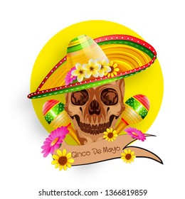 illustration with design for Mexican holiday Cinco De Mayo. template with traditional Mexican symbols skull, flowers, cap