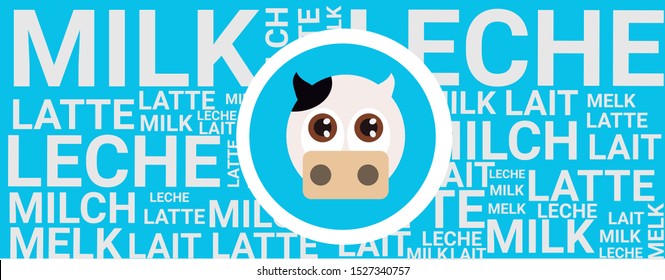 Illustration design for milk bottle tag and poster. "Milk" word in different languages.