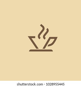 Illustration design of monoline, minimalistic, simple logotype coffee. Vector icon cup with drink. Vector stock logo, abstract sign of cafe, vector template of cafeteria and bistro.