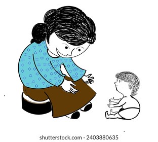 Illustration design of a mother in a floral dress playing with her toddler son who has curly hair.