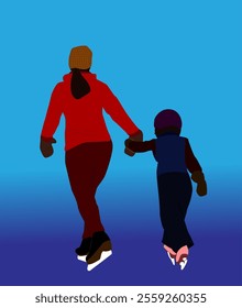 Illustration design of mother holding hands to train her daughter to play ice skating, blue gradient background, isolated on white background