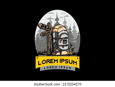 Illustration design of a mountain bag beside the way sign illustration